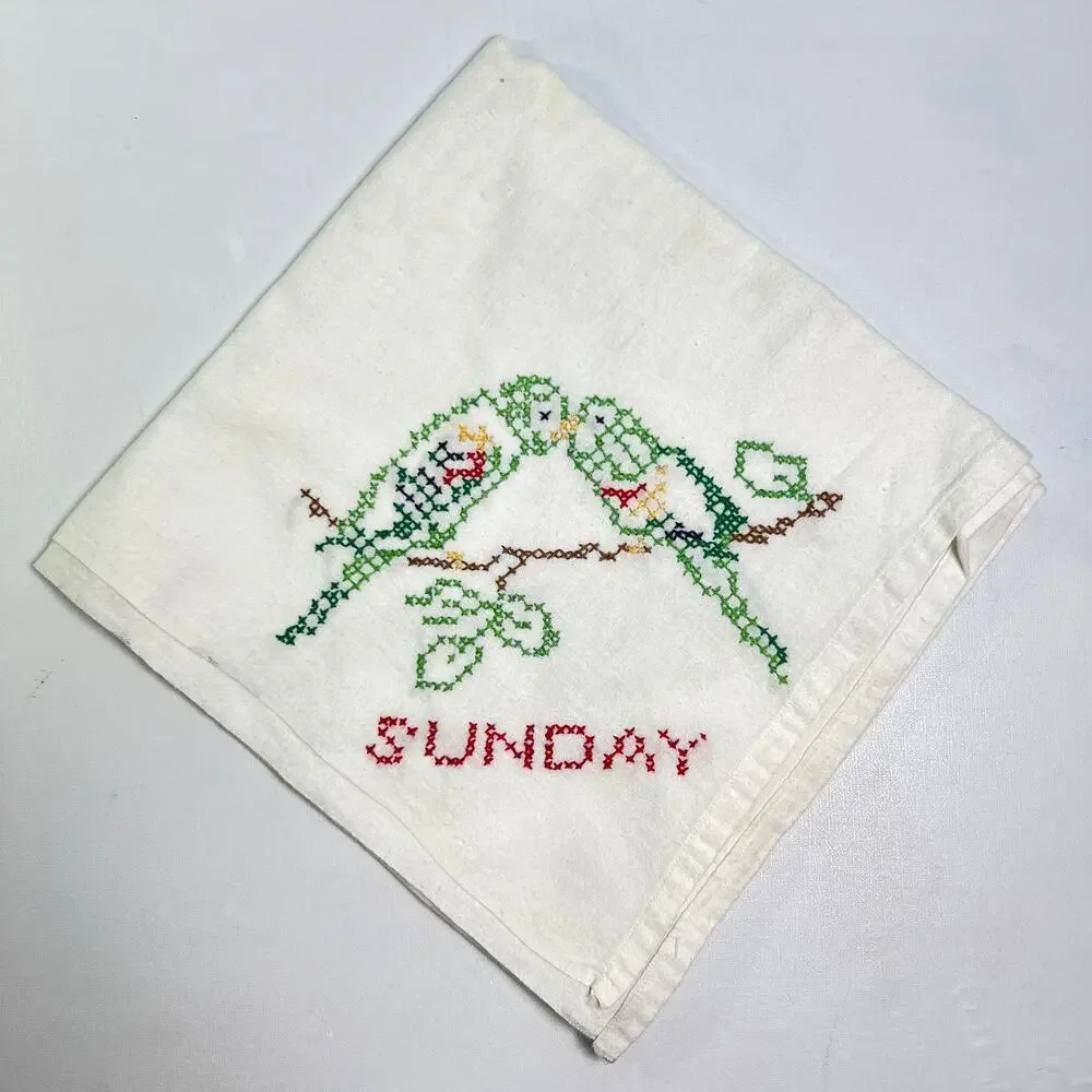 Vintage 4 Tea Towels Set Days of the Week Cross Stitch Love Birds Cottage